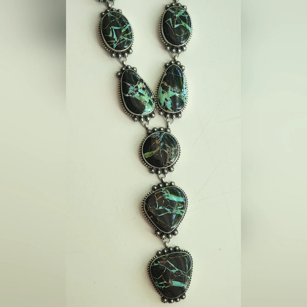 Dave Skeets Blackjack Turquoise Lariat And Earrings Set Sterling BIG - Picture 2 of 6